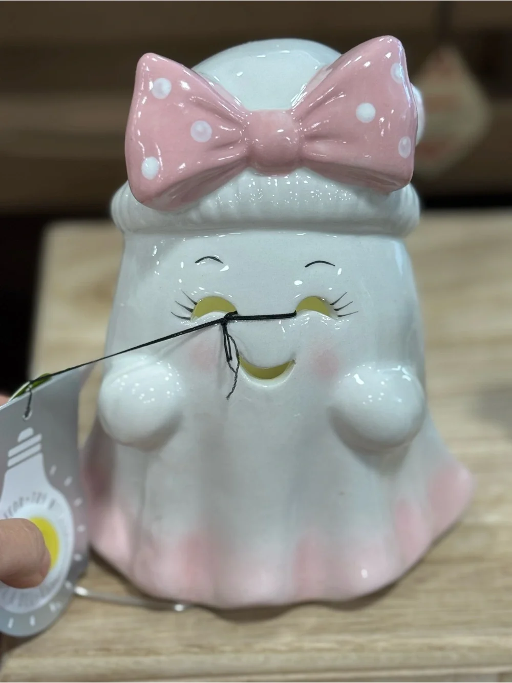 Ceramic Pink Bow Ghost Figurine Home Accent LED